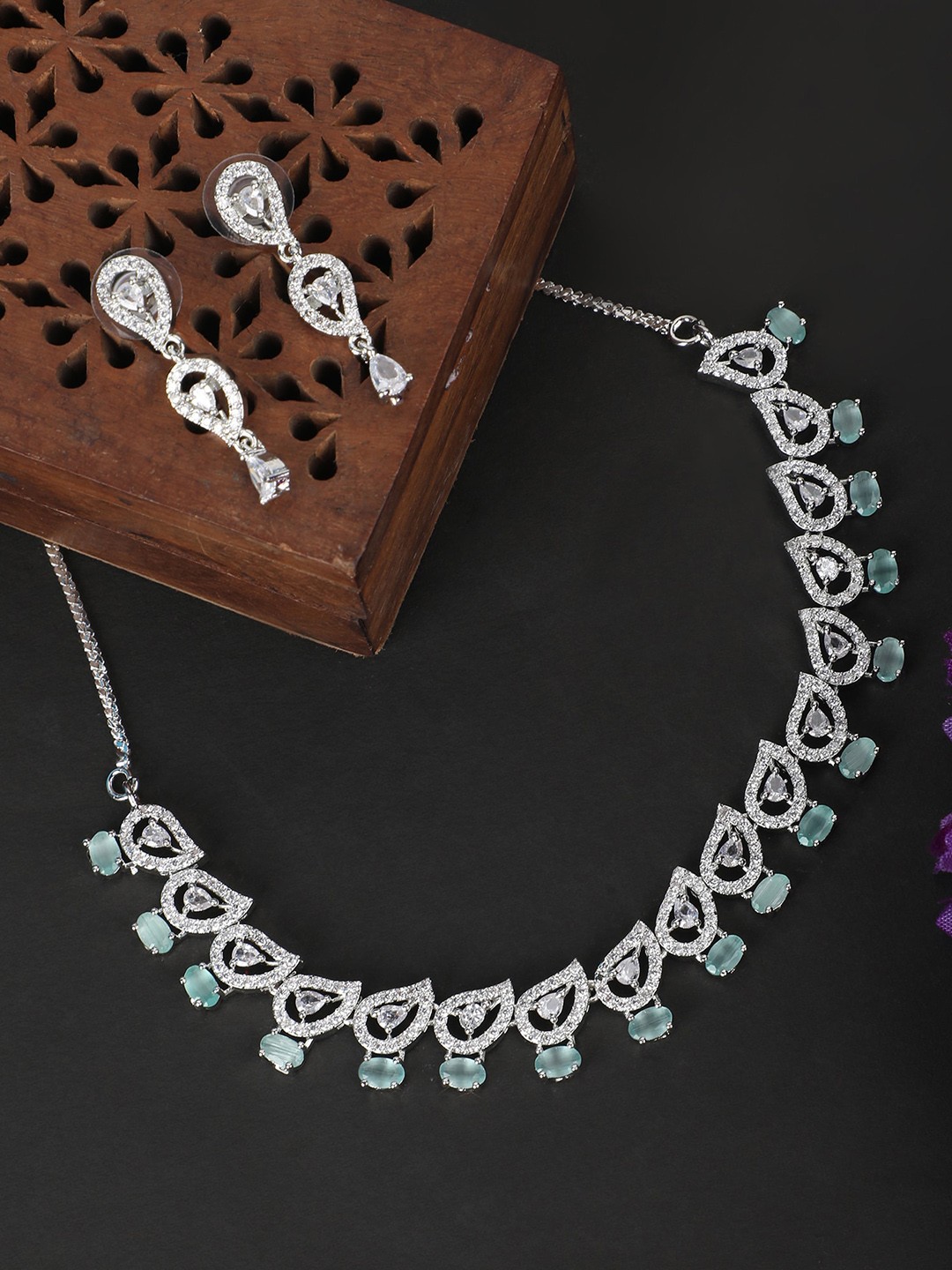 

ZaffreCollections Rhodium-Plated American Diamond-Studded Necklace With Earrings, Silver