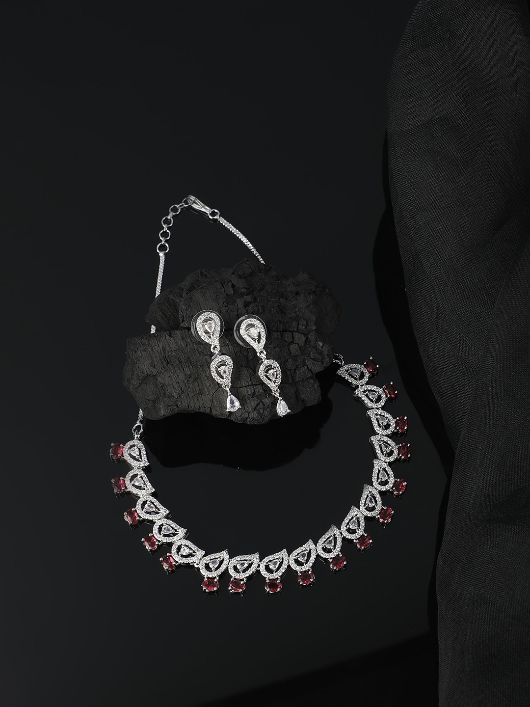 

ZaffreCollections Rhodium-Plated American Diamond-Studded Necklace With Earrings, Silver