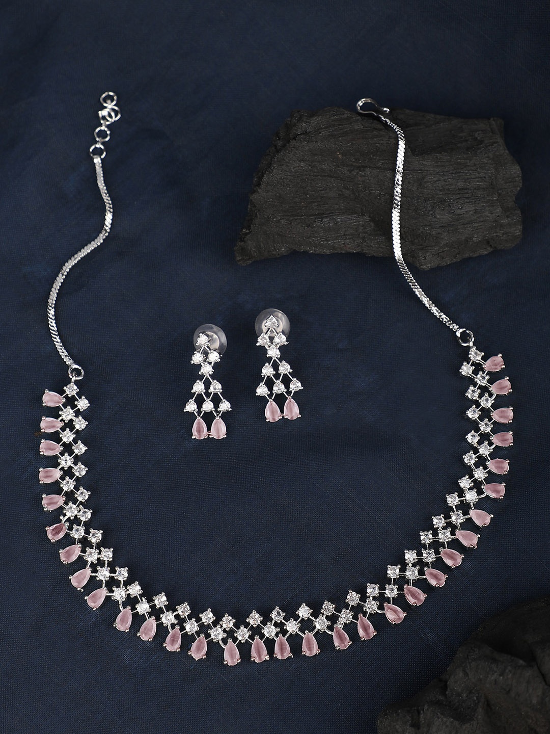

ZaffreCollections Rhodium-Plated American Diamond-Studded Necklace With Earrings, Silver