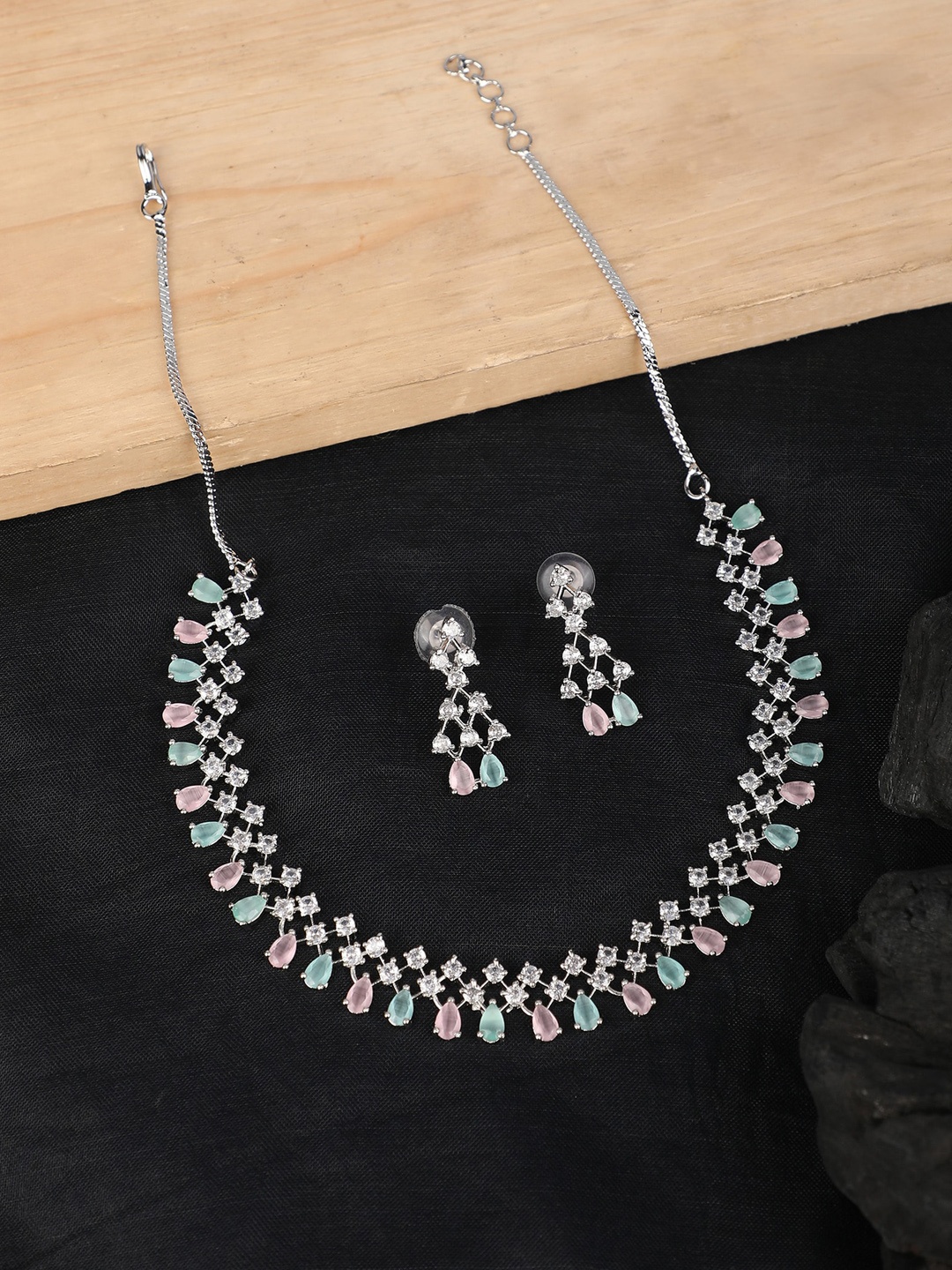 

ZaffreCollections Rhodium-Plated AD-Studded Jewellery Set, Silver