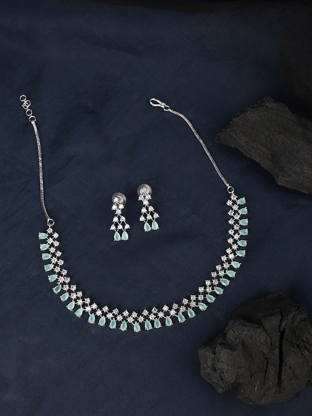 

ZaffreCollections Rhodium-Plated AD-Studded Jewellery Set, Silver