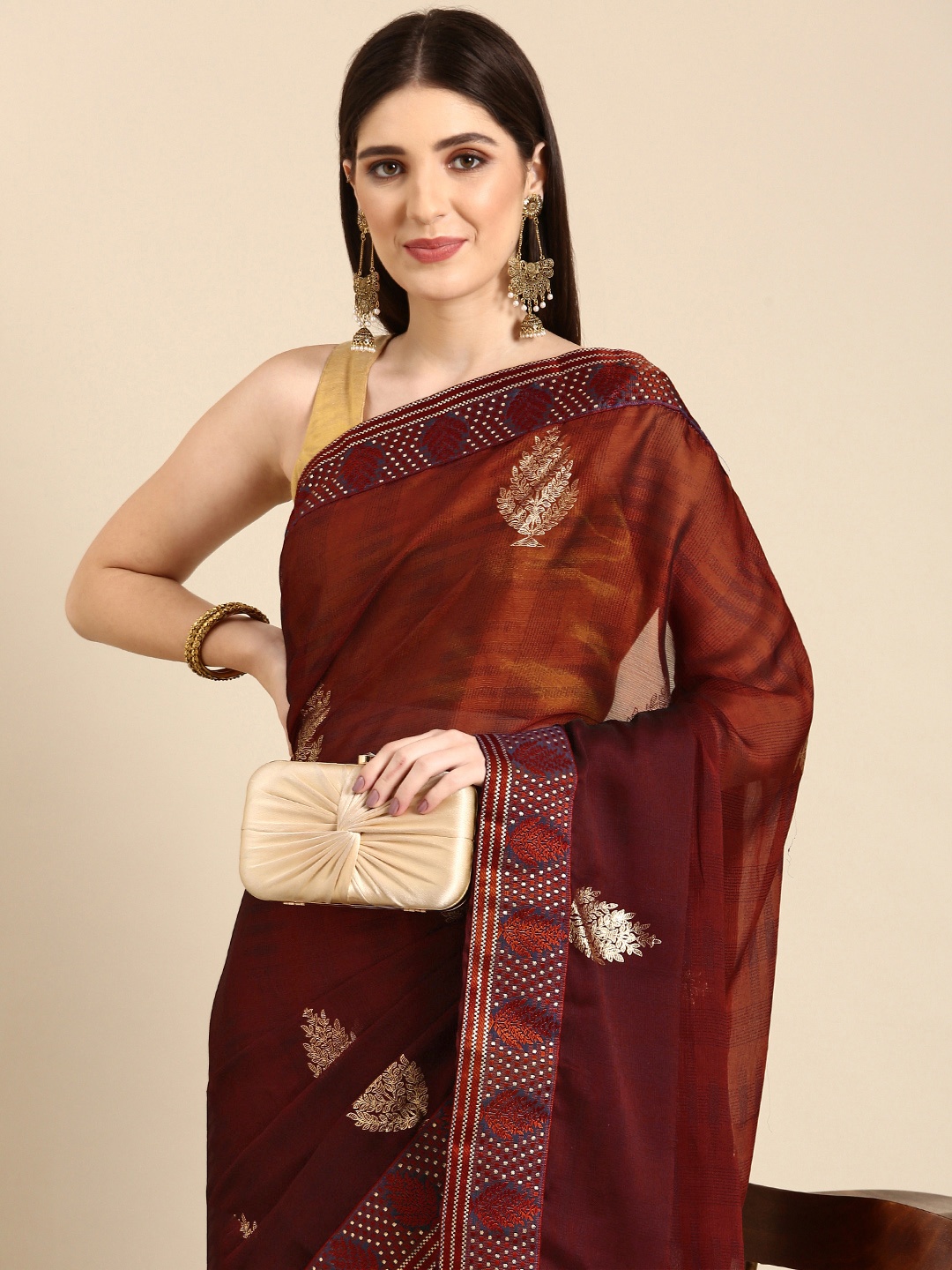 

HERE&NOW Ethnic Motifs Zari Pure Chiffon Saree, Maroon