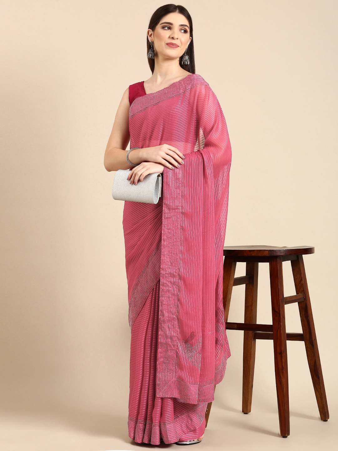 

HERE&NOW Striped Beads & Stones Saree, Pink