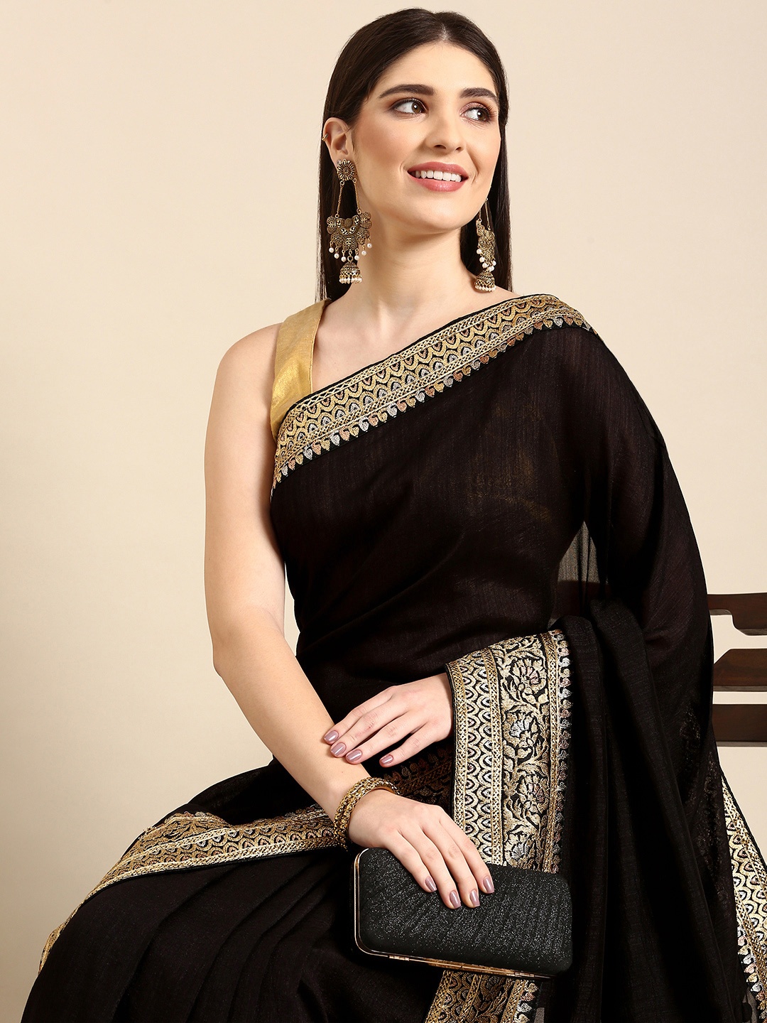 

HERE&NOW Solid Zari Pure Silk Saree, Black