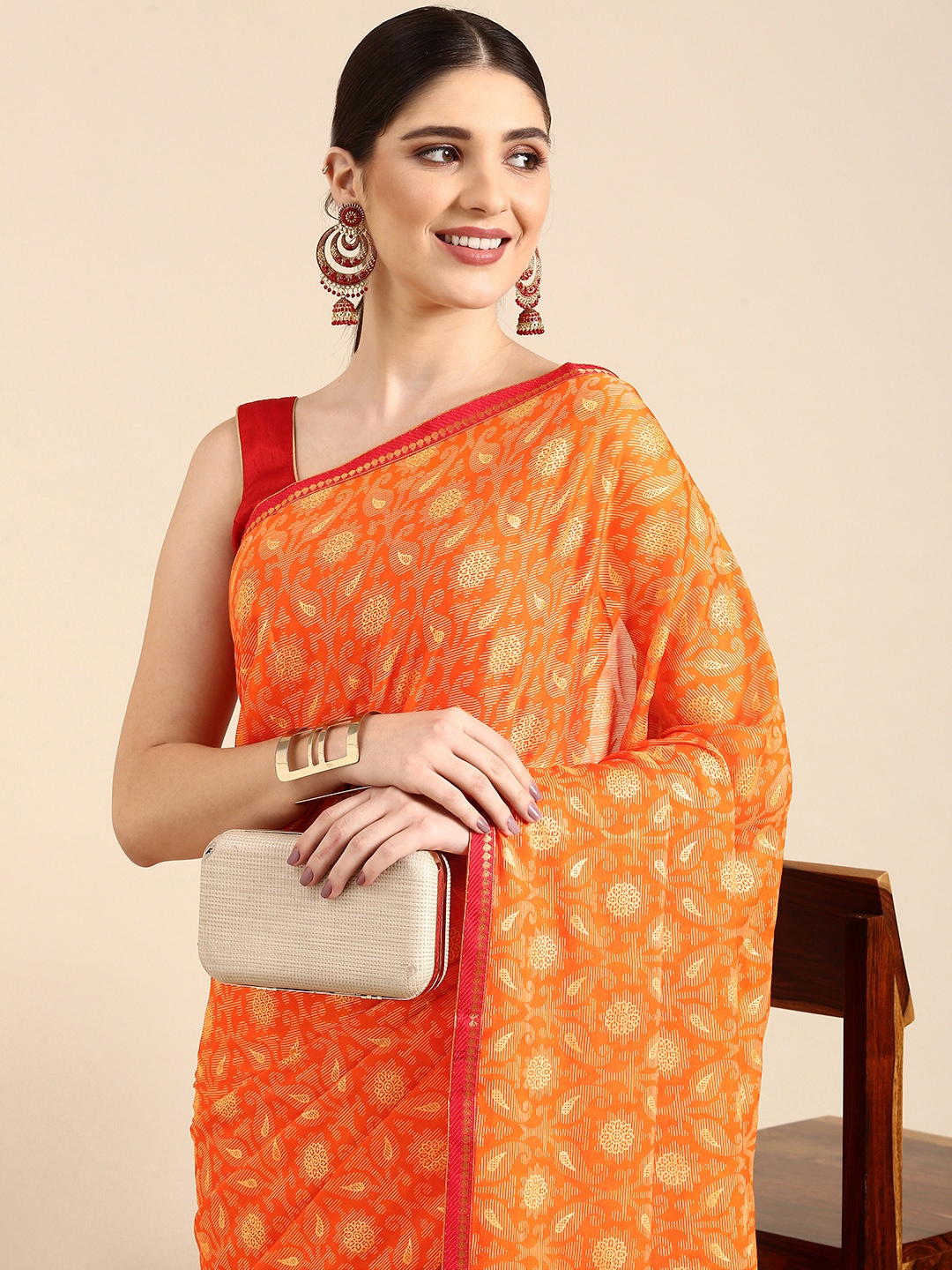 

HERE&NOW Ethnic Motifs Printed Saree, Orange