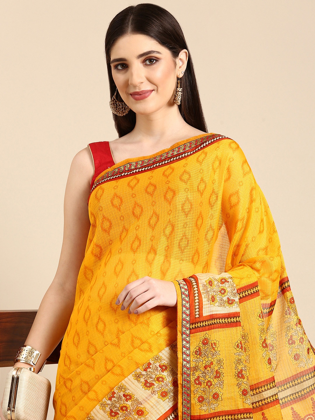 HERE&NOW Ethnic Motifs Printed Saree, Yellow