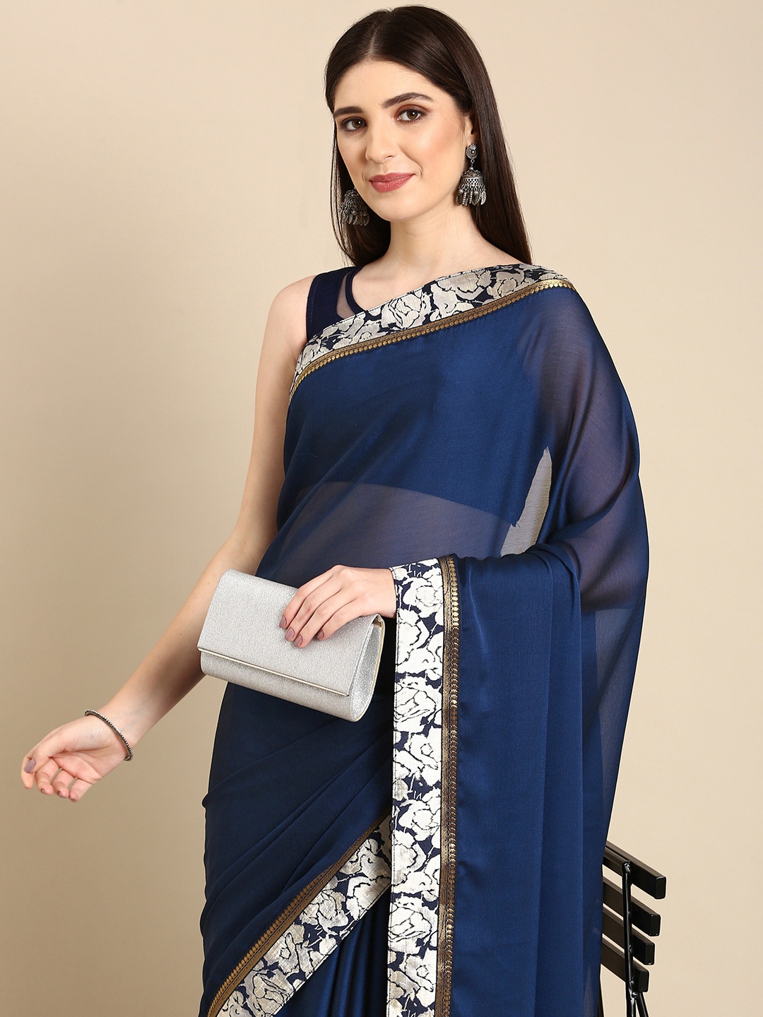 

HERE&NOW Zari Pure Chiffon Saree, Navy blue