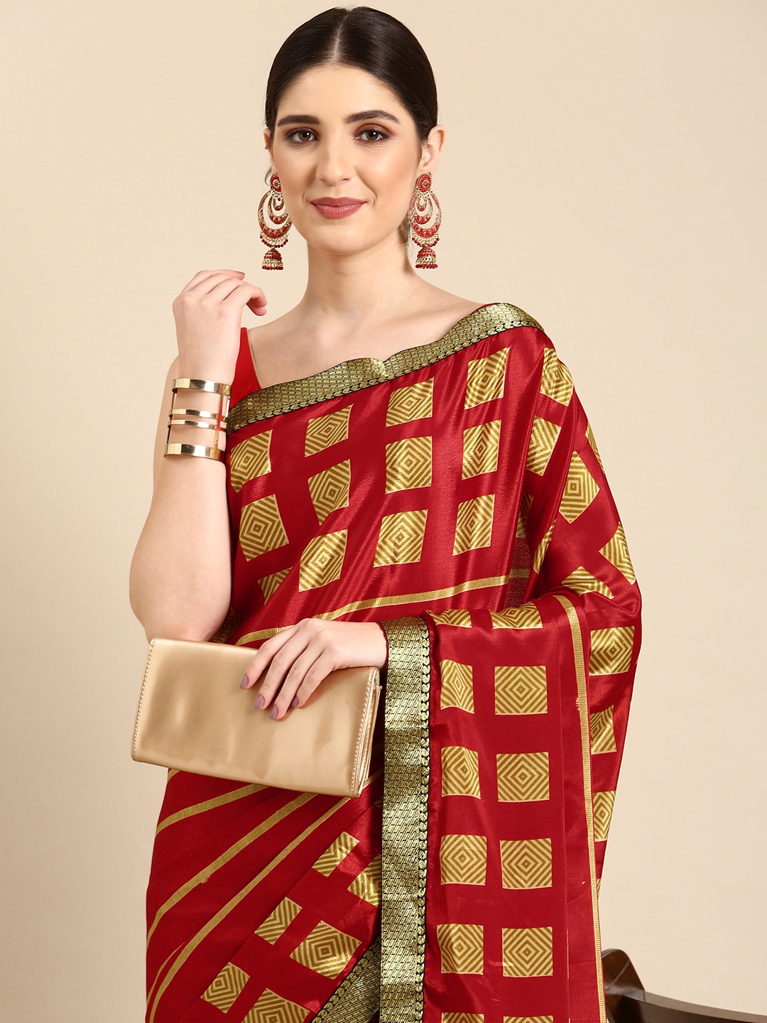 HERE&NOW Geometric Printed Zari Saree, Red