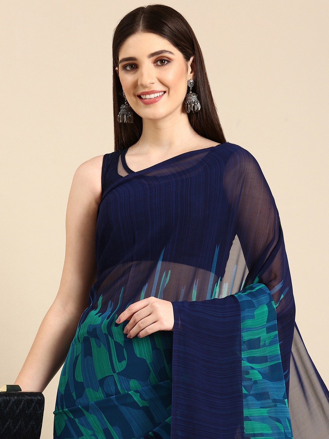 

HERE&NOW Printed Pure Georgette Saree, Navy blue