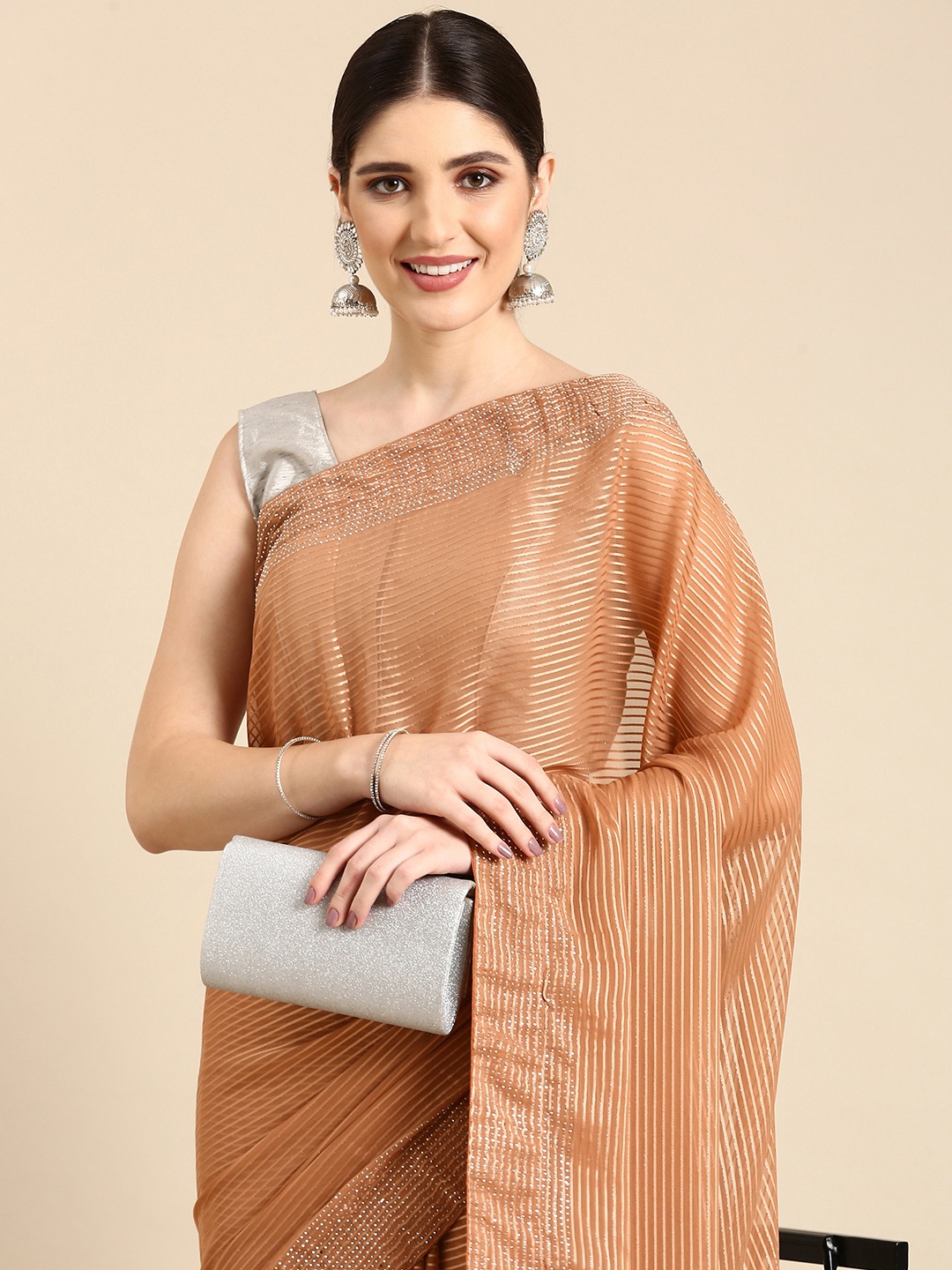

HERE&NOW Striped Beads & Stones Saree, Beige