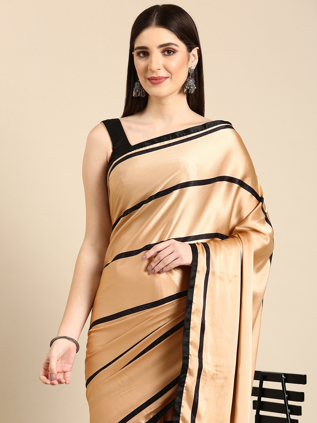 

HERE&NOW Striped Beads & Stones Pure Crepe Silk Saree, Beige