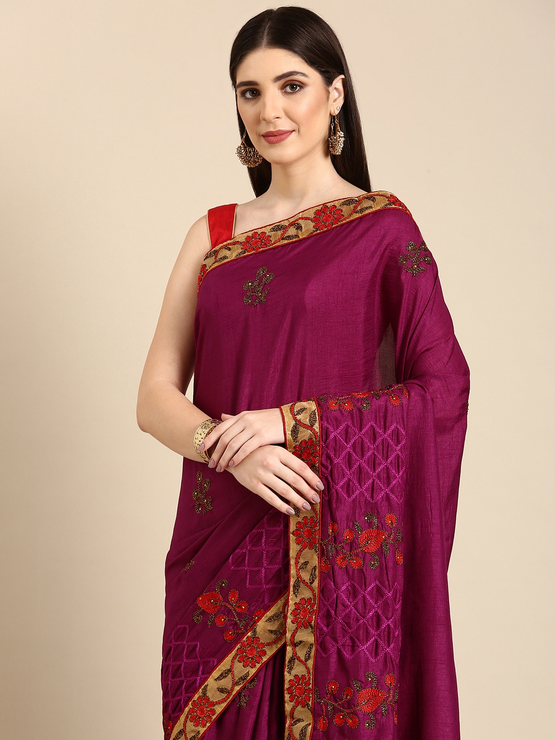 

HERE&NOW Floral Embroidered Zari Saree, Purple