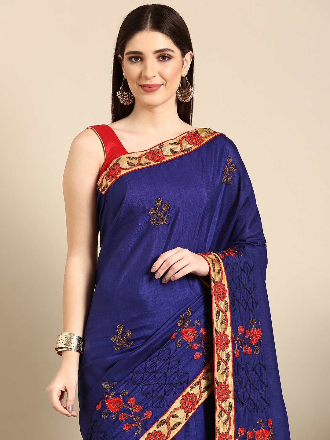 

HERE&NOW Floral Embroidered Zari Saree, Blue