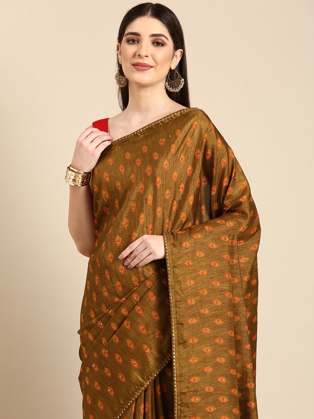 

HERE&NOW Ethnic Motifs Beads & Stones Saree, Mustard