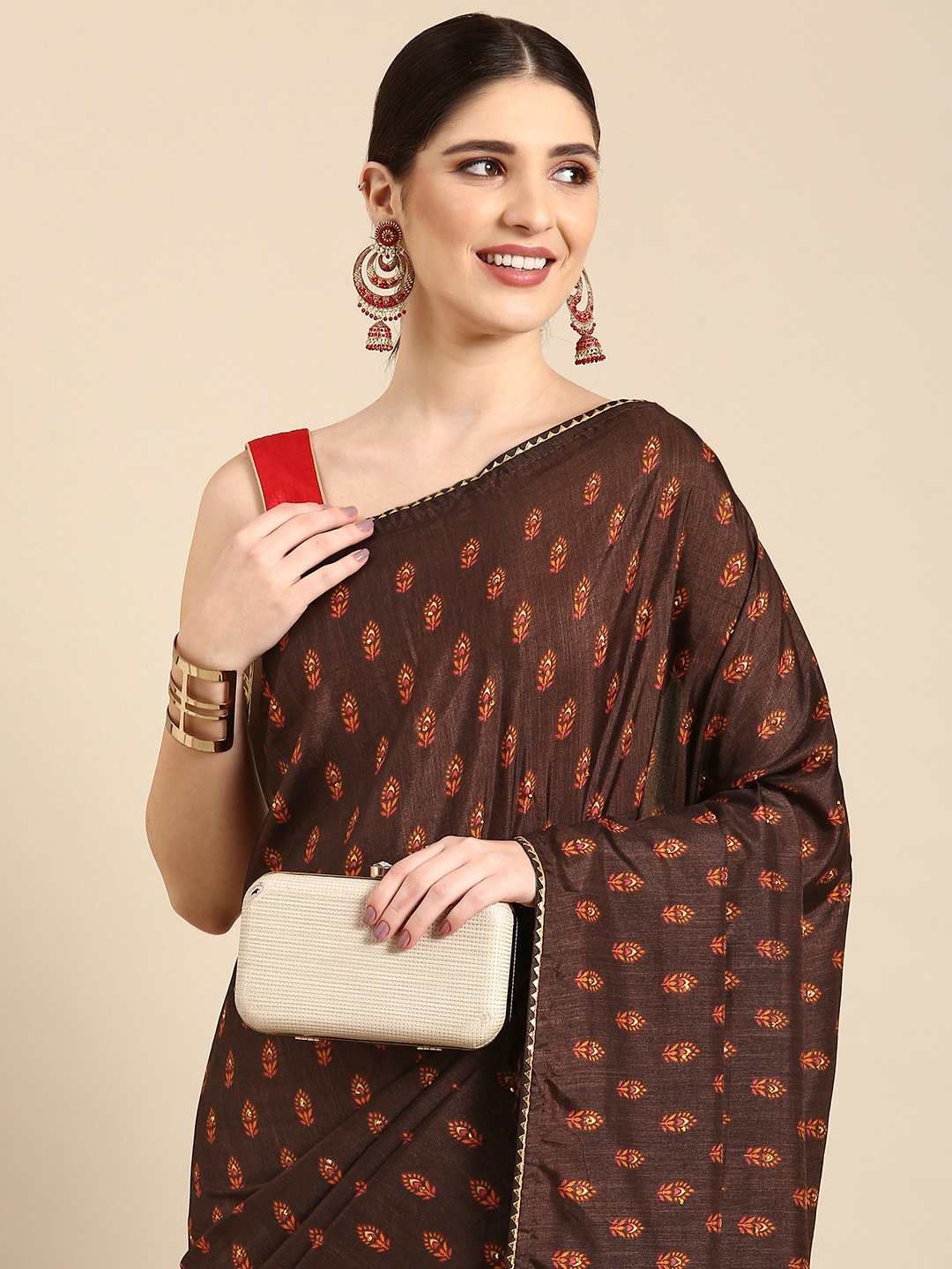 

HERE&NOW Ethnic Motifs Printed Gotta Patti Saree, Burgundy