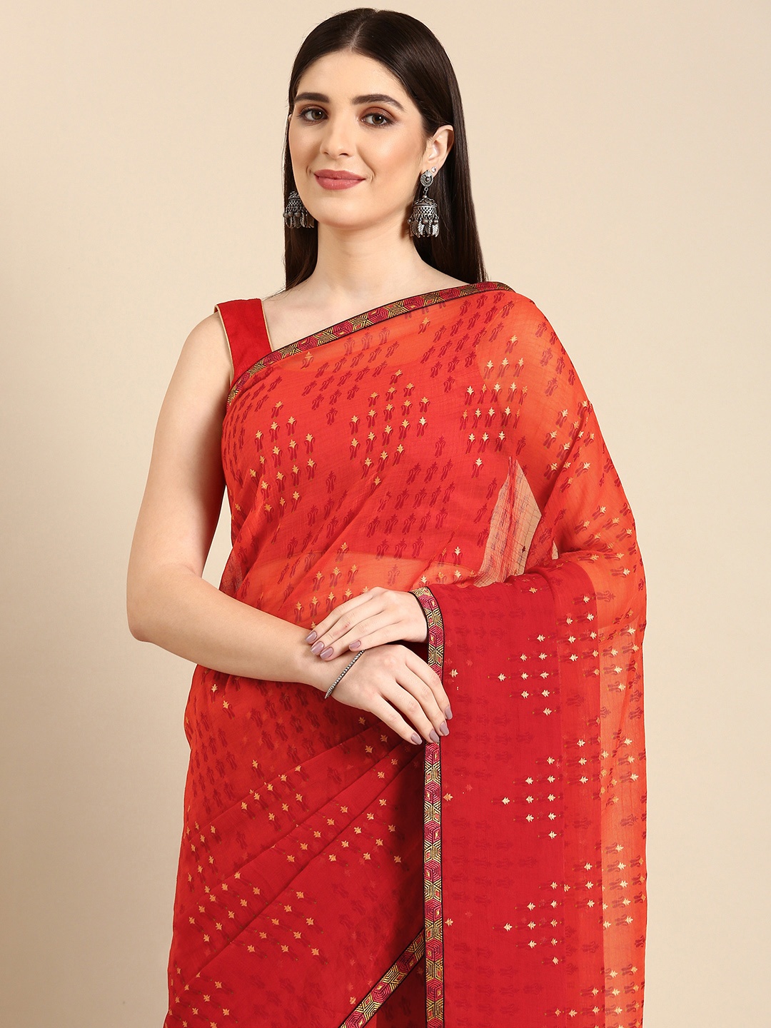 

HERE&NOW Abstract Printed Pure Georgette Saree, Red