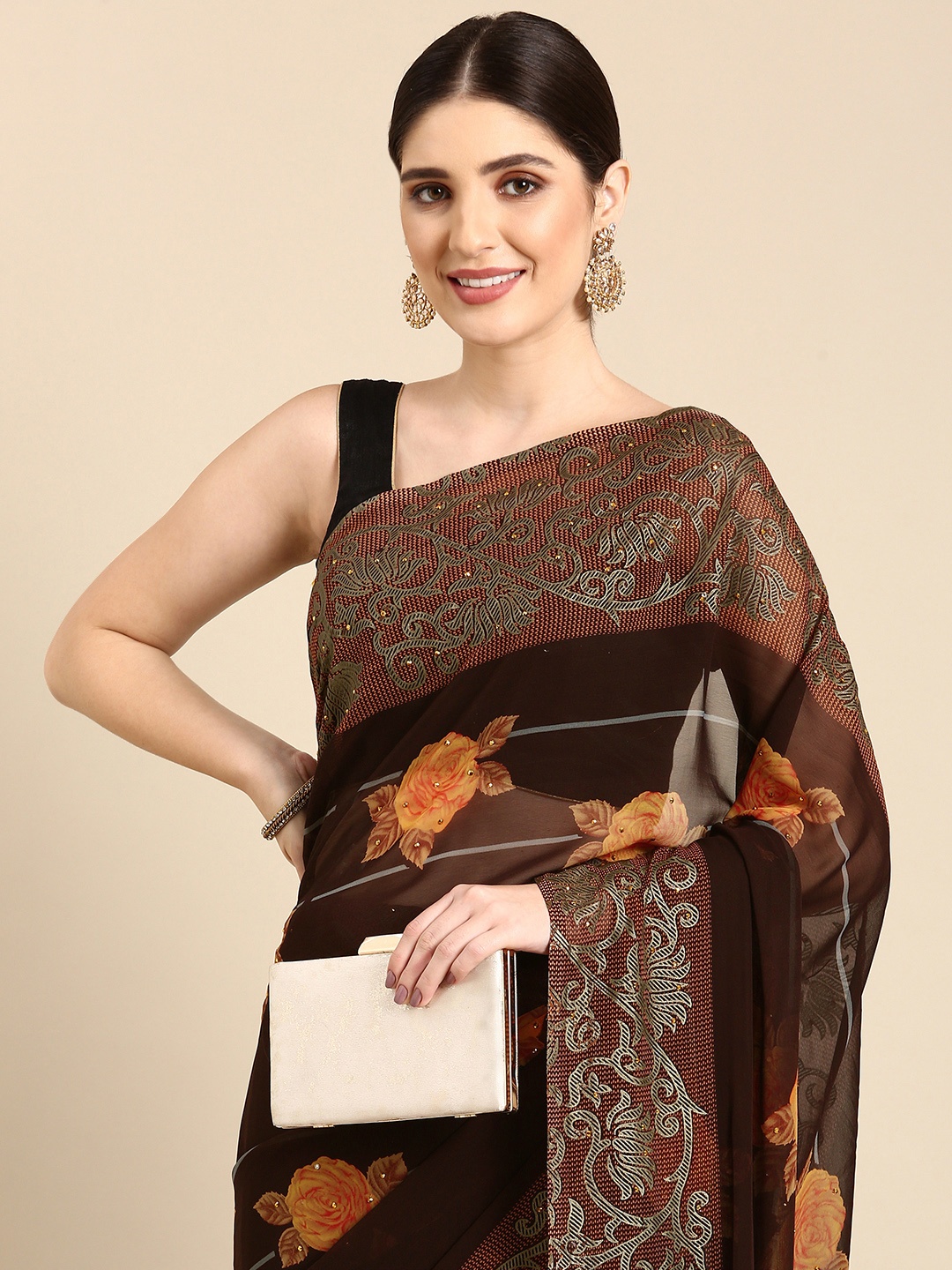 

HERE&NOW Floral Embroidered Pure Georgette Saree, Brown