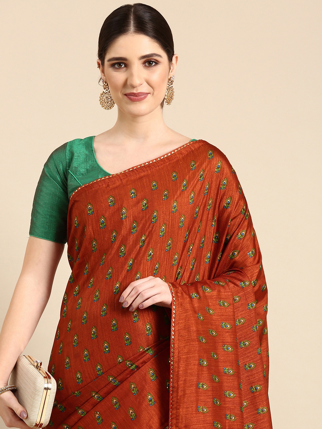 

HERE&NOW Ethnic Motifs Printed Gotta Patti Saree, Peach