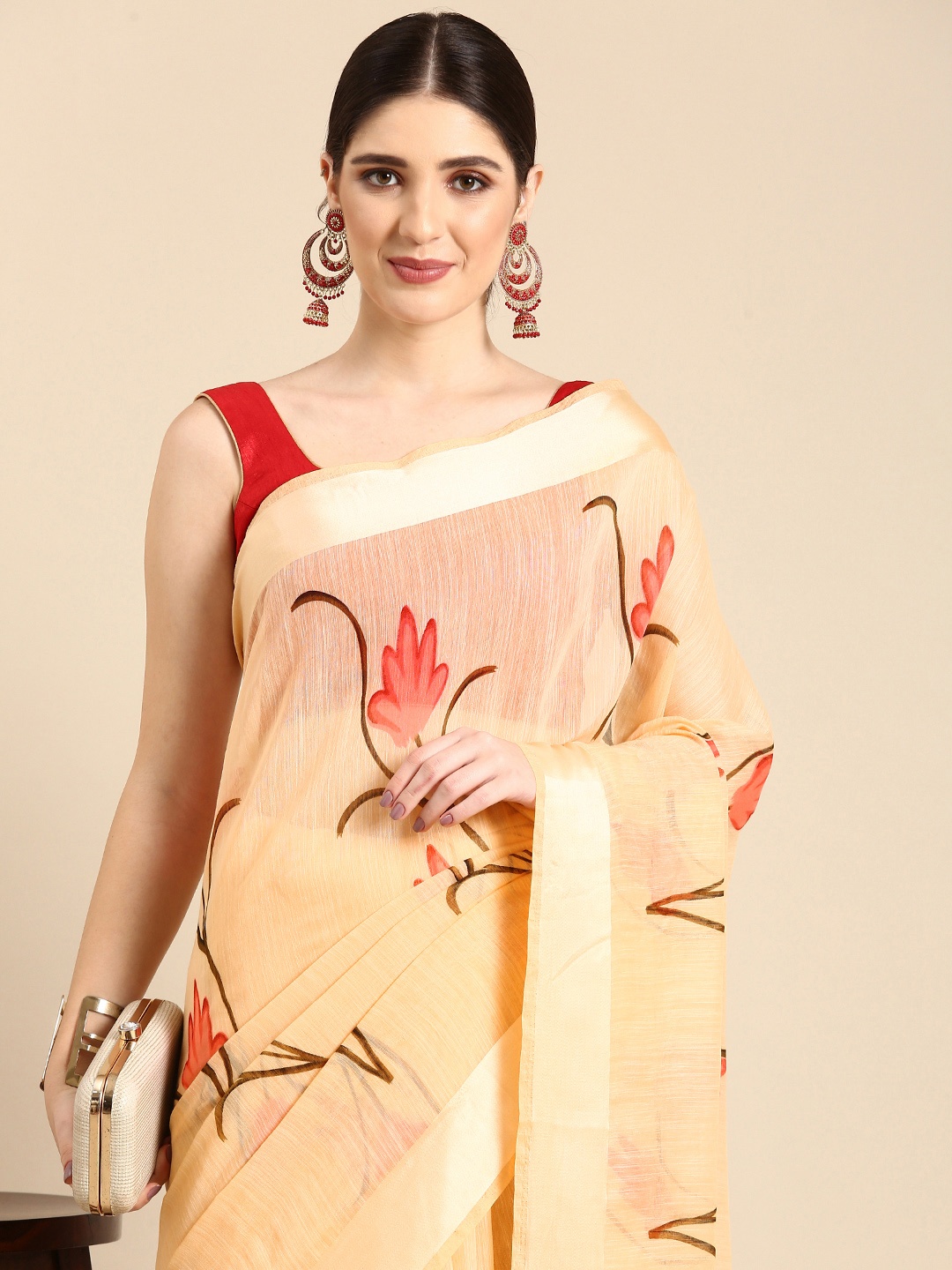 

HERE&NOW Floral Printed Zari Silk Cotton Saree, Yellow