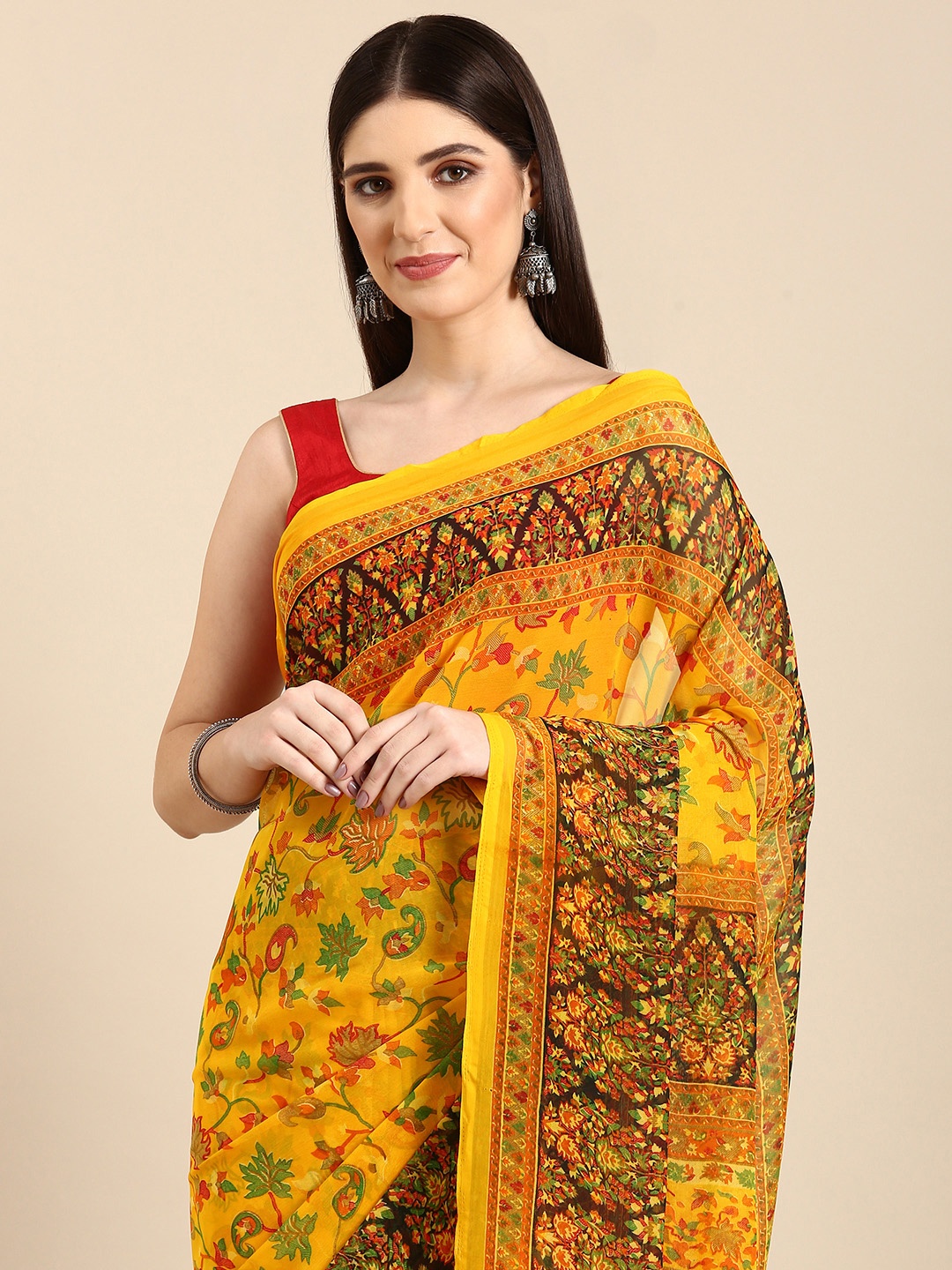 HERE&NOW Floral Printed Pure Georgette Saree, Mustard