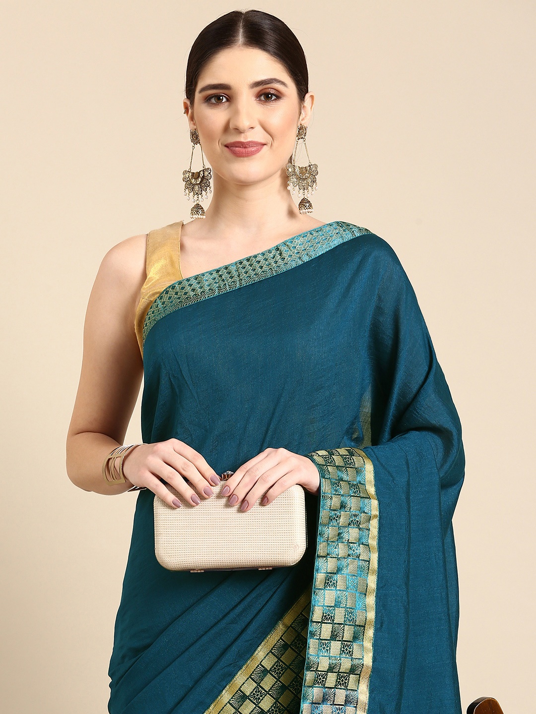 

HERE&NOW Solid Zari Saree, Teal