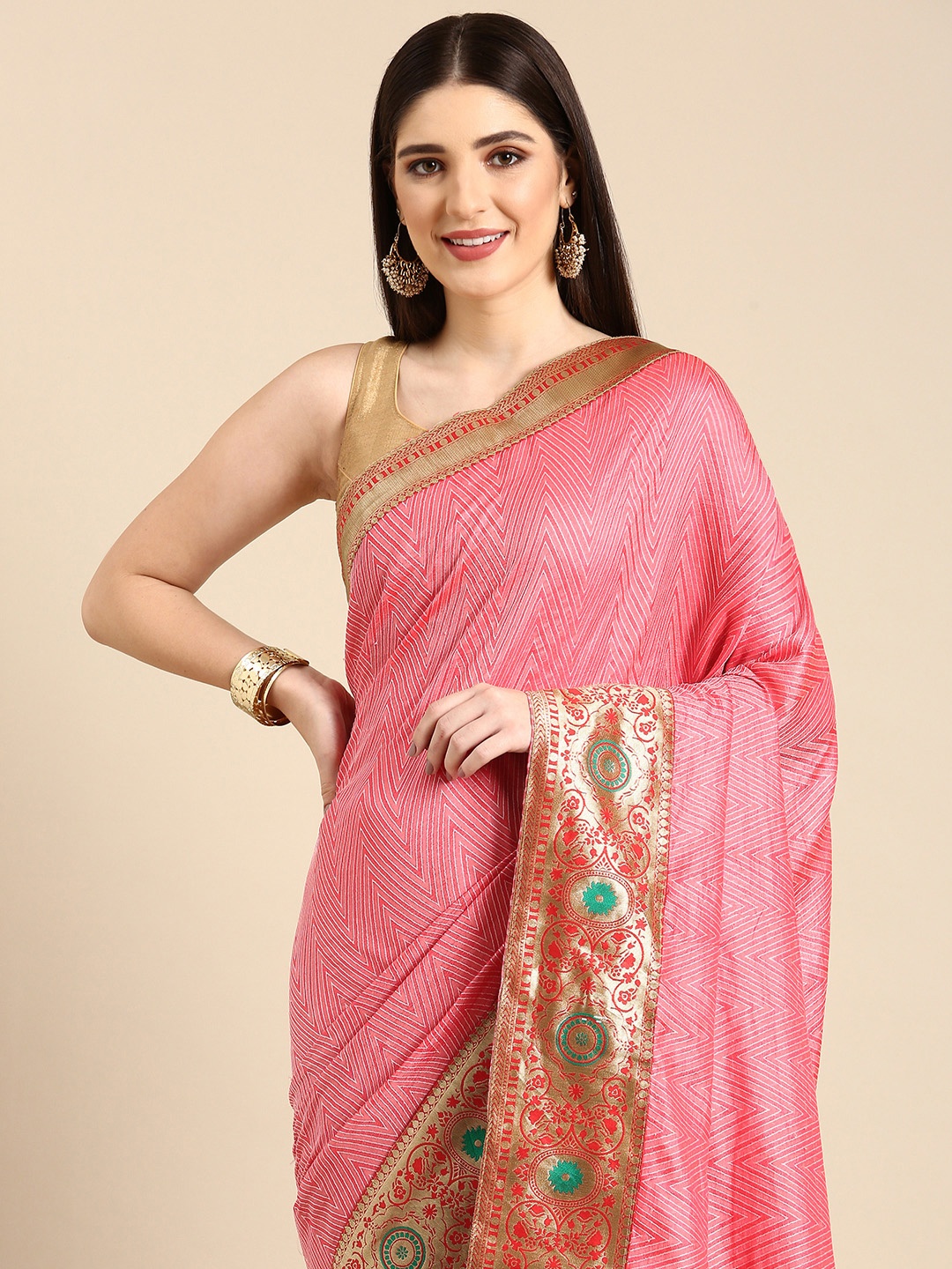 

HERE&NOW Geometric Printed Zari Pure Chiffon Saree, Pink