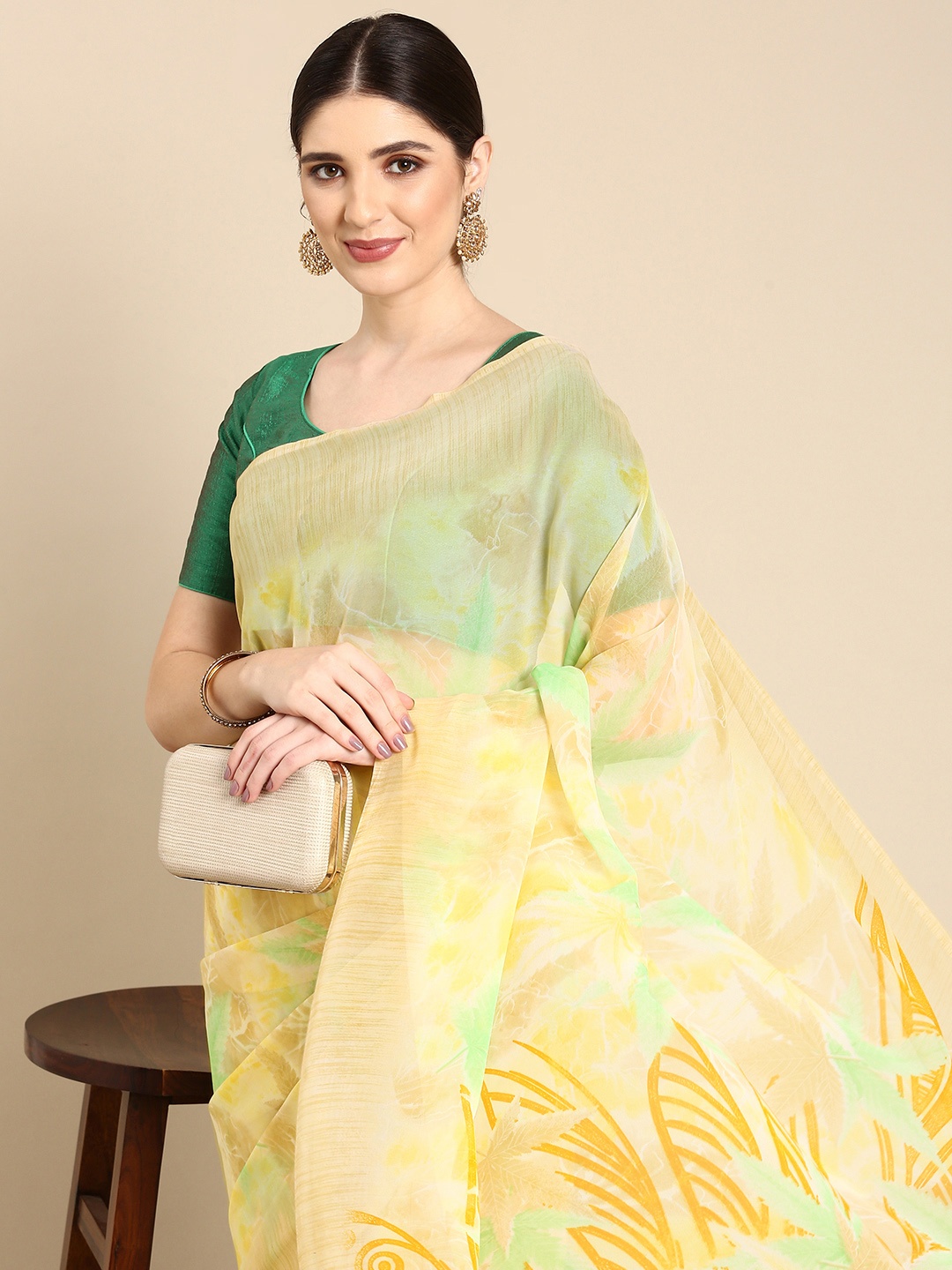 HERE&NOW Floral Pure Georgette Saree, Yellow
