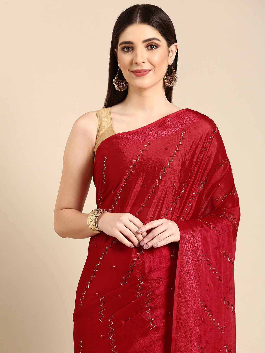 

HERE&NOW Embellished Stones-Studded Pure Chiffon Saree, Red