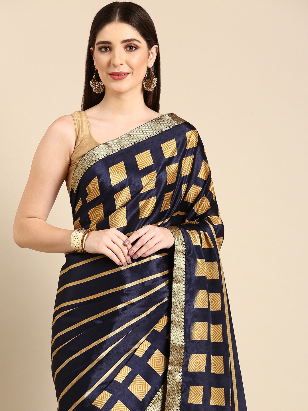 

HERE&NOW Geometric Printed Zari Saree, Grey