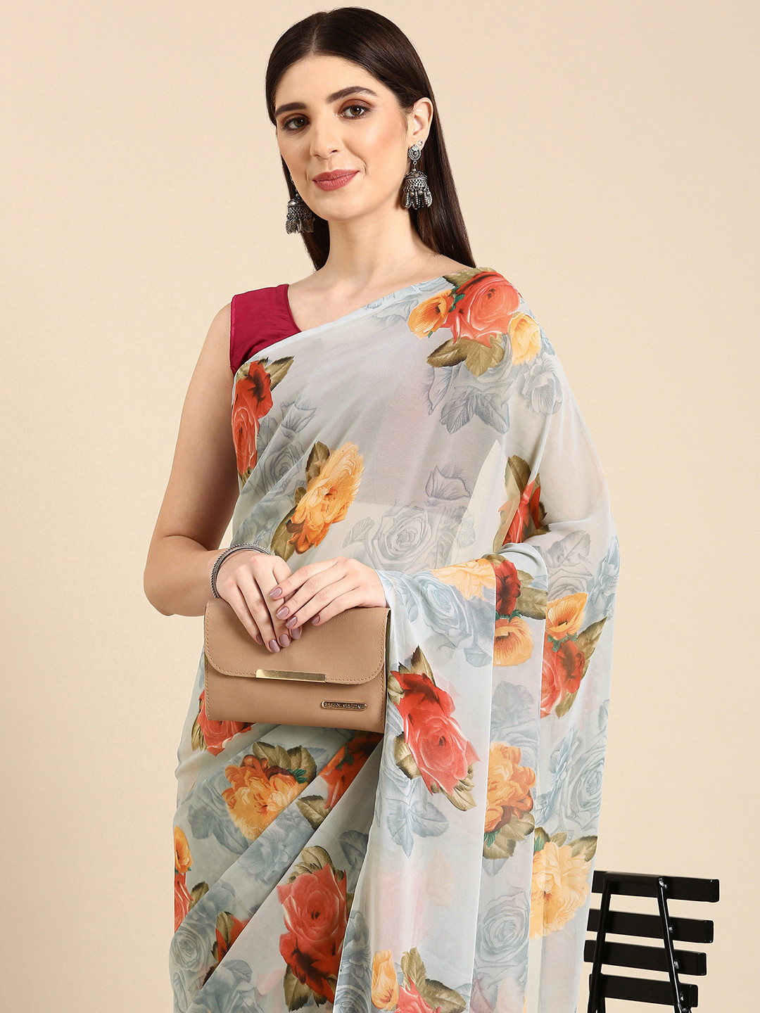 

HERE&NOW Floral Printed Pure Georgette Saree, Grey