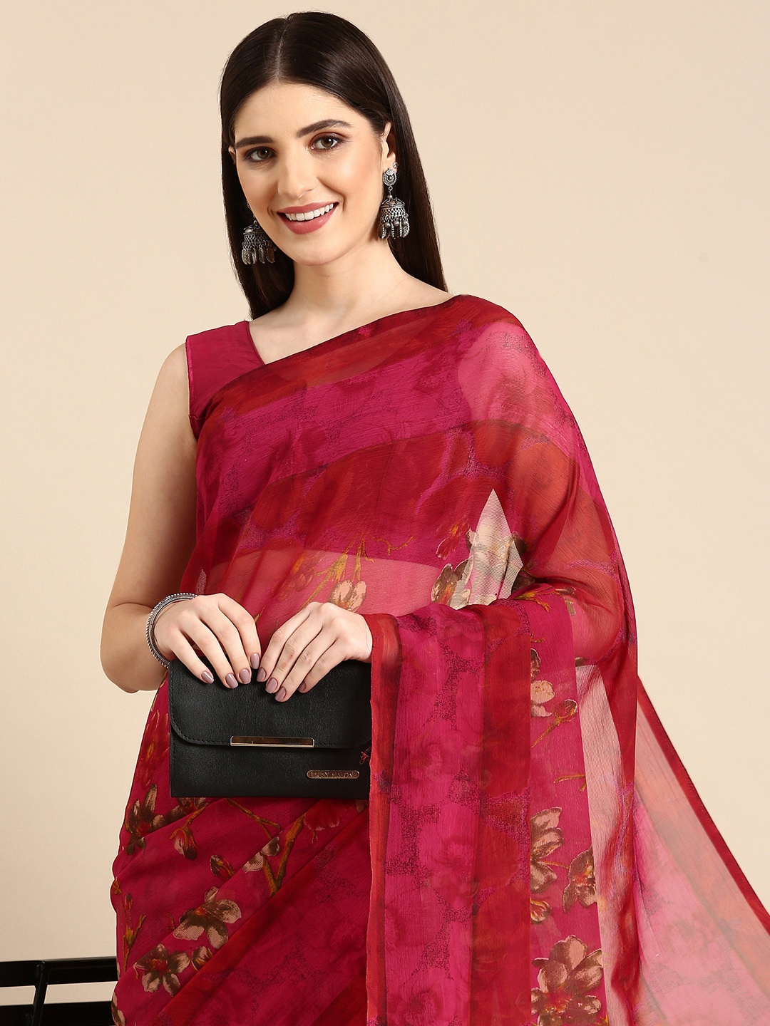 

HERE&NOW Floral Printed Pure Georgette Saree, Pink