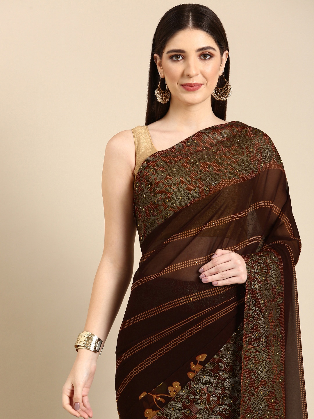 

HERE&NOW Floral Printed Stones-Studded Pure Georgette Saree, Brown