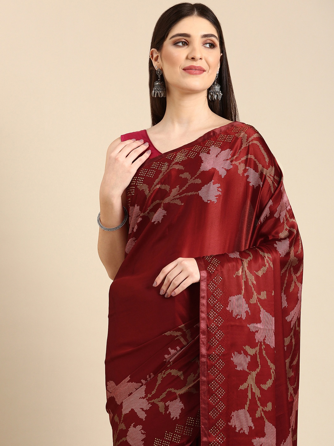 

HERE&NOW Floral Printed Stones-Studded Silk Cotton Saree, Maroon