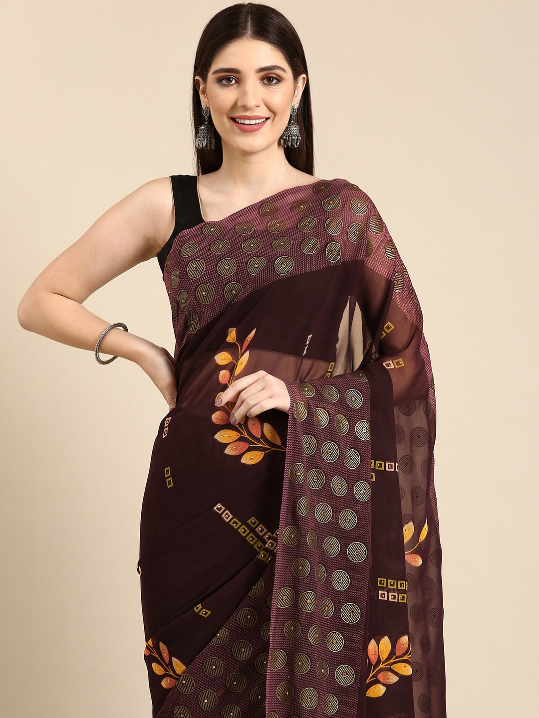 

HERE&NOW Ethnic Motifs Printed Pure Georgette Saree, Purple