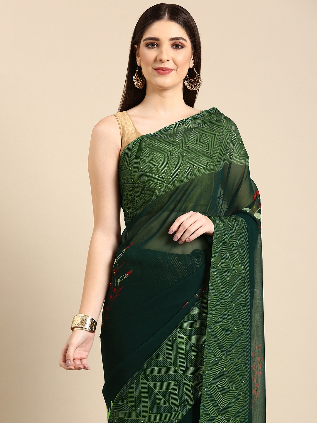 

HERE&NOW Floral Beads & Stones Pure Georgette Saree, Green