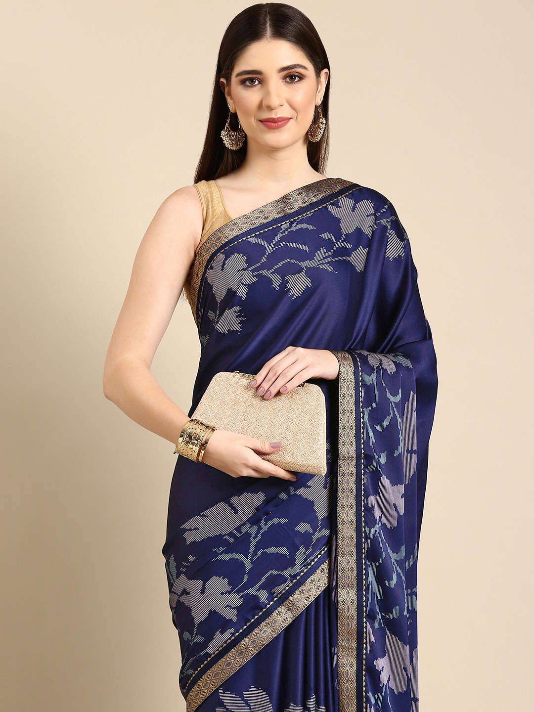 

HERE&NOW Floral Printed Pure Crepe Silk Saree, Navy blue