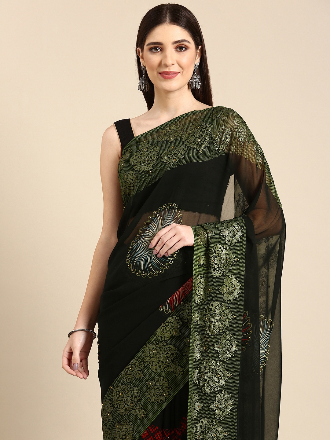 

HERE&NOW Ethnic Motifs Printed Stones-Studded Pure Georgette Saree, Green