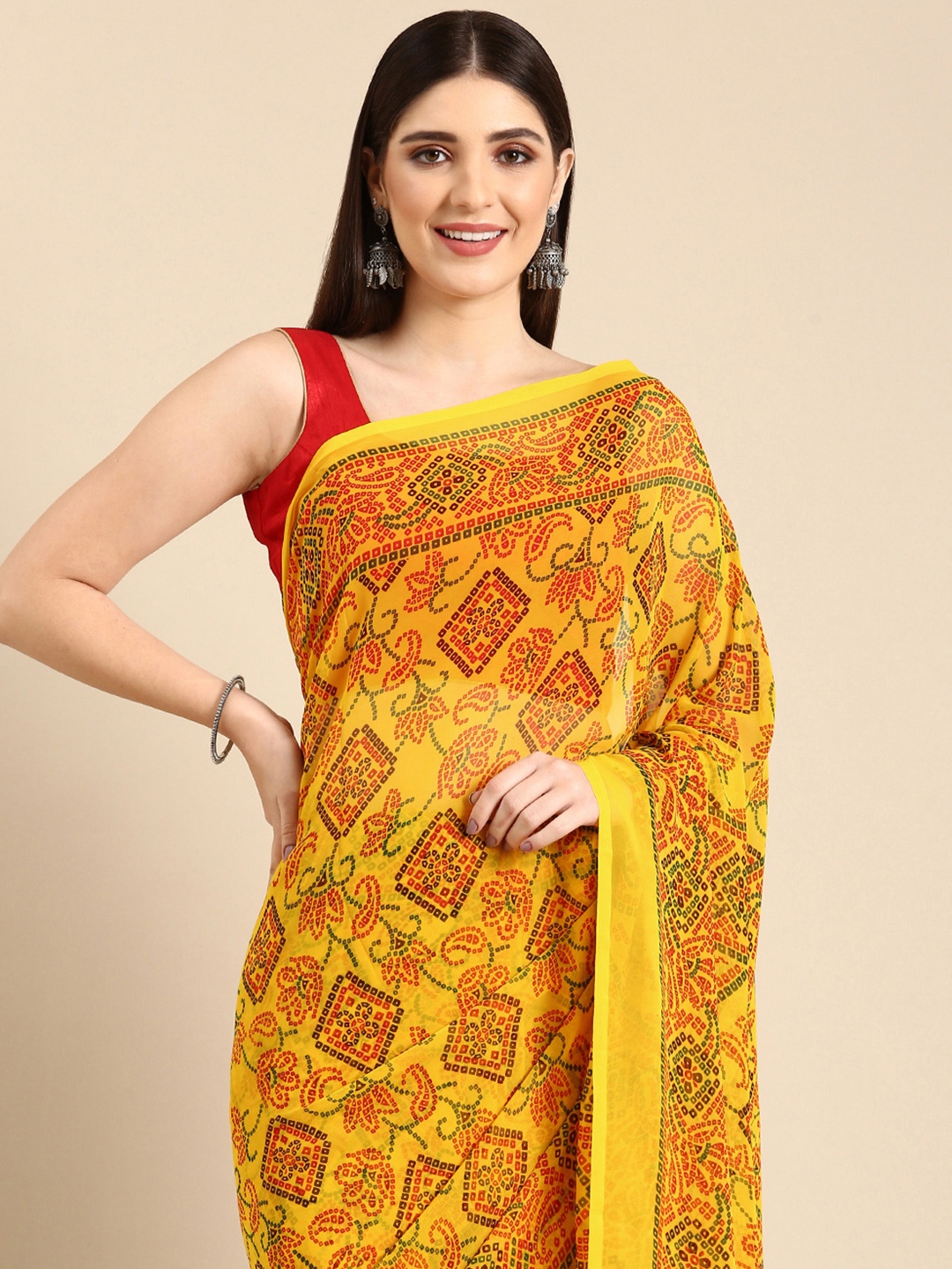 HERE&NOW Bandhani Printed Pure Georgette Saree, Yellow