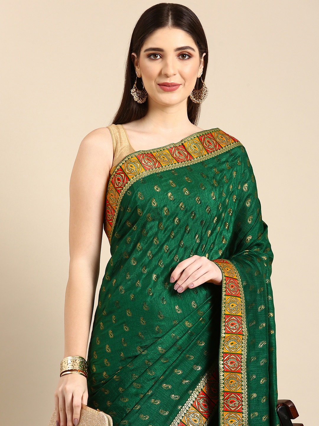 

HERE&NOW Paisley Printed Zari Saree, Green