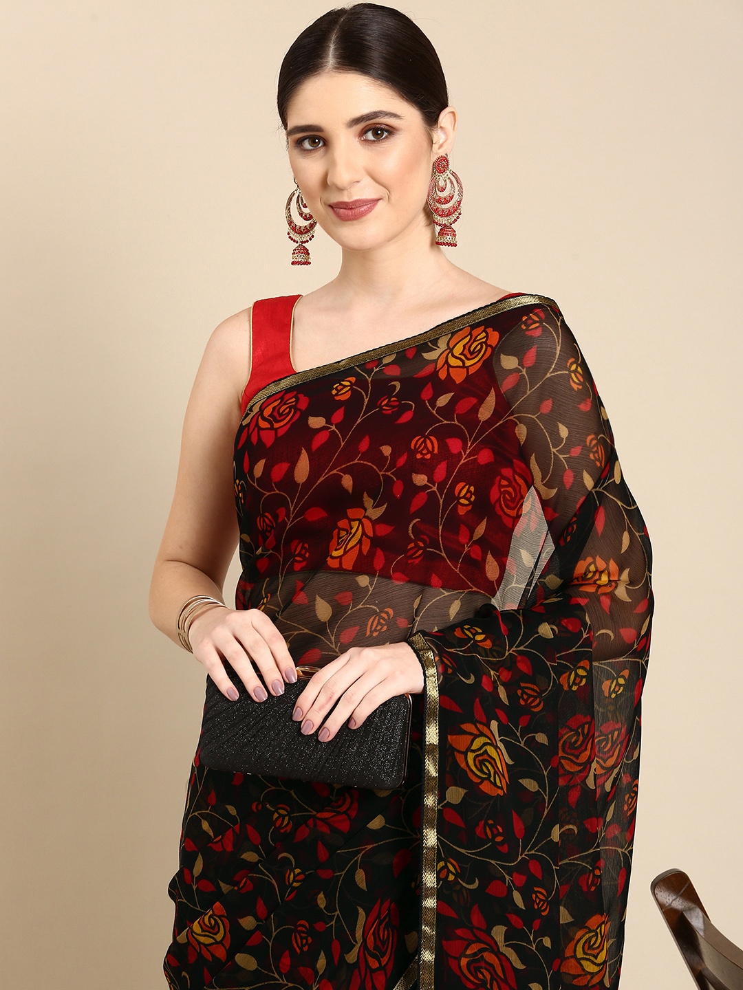 

HERE&NOW Floral Printed Pure Georgette Saree, Black