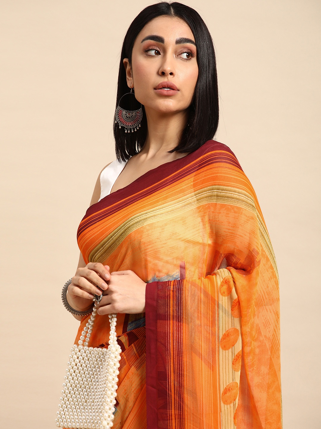 

HERE&NOW Pure Georgette Saree, Orange