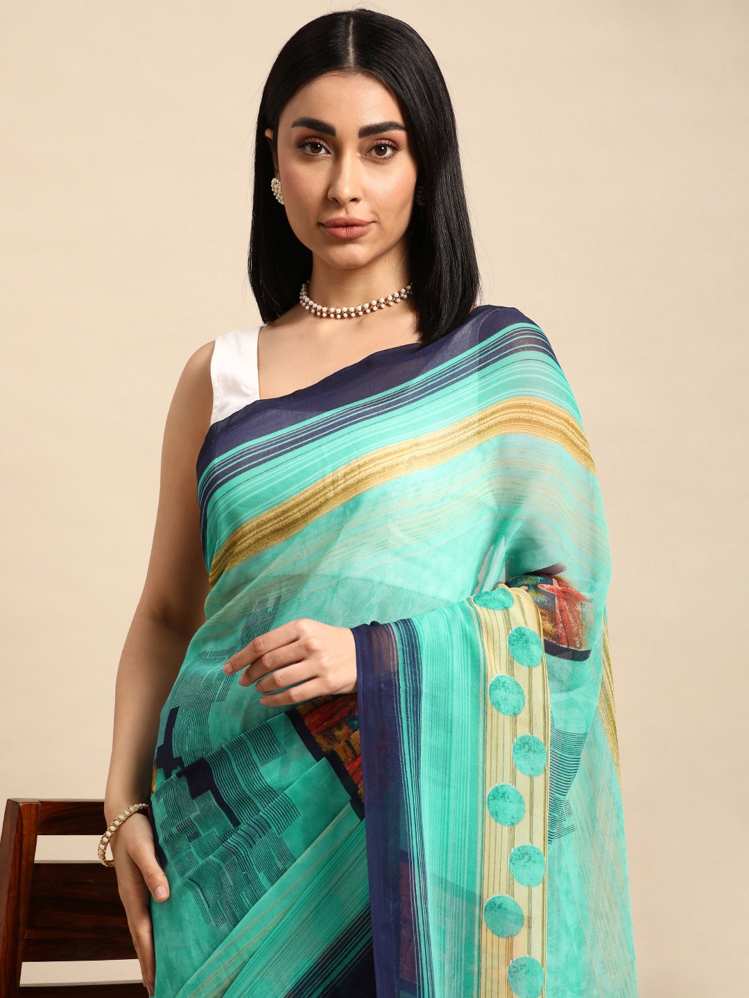 

HERE&NOW Printed Pure Georgette Saree, Turquoise blue