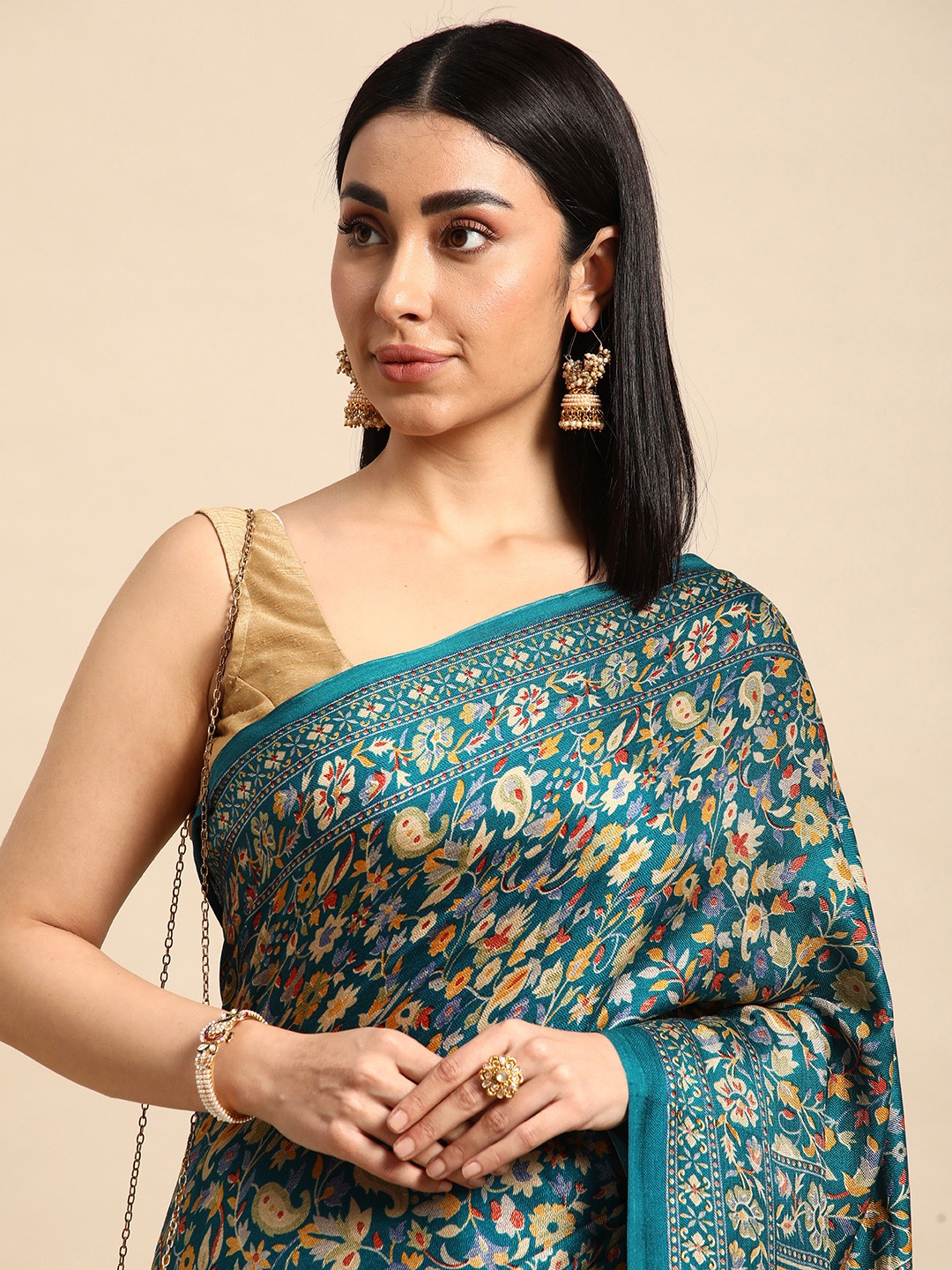 

HERE&NOW Floral Manipuri Pure Silk Saree, Teal