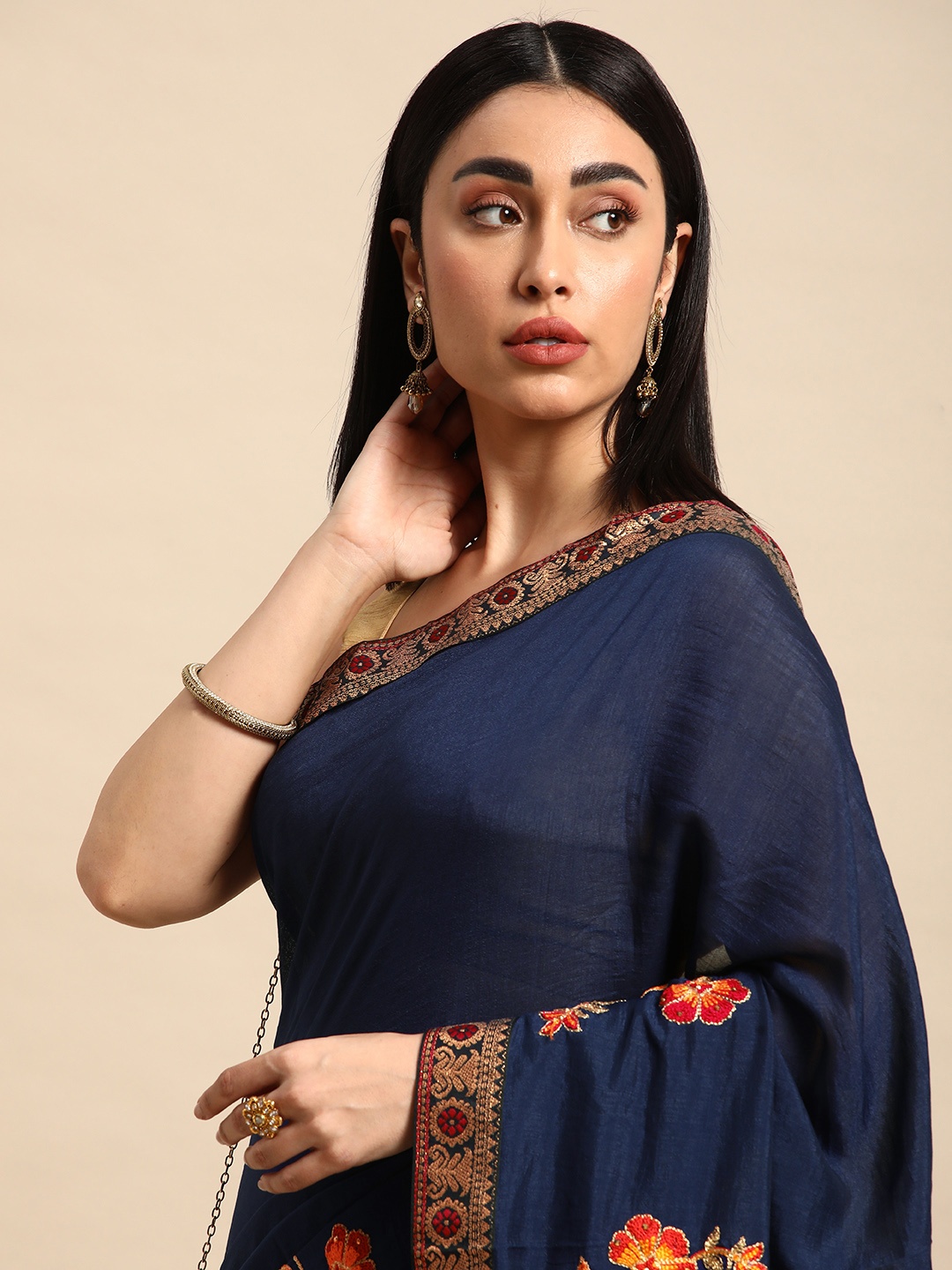 

HERE&NOW Floral Zari Art Silk Saree, Navy blue