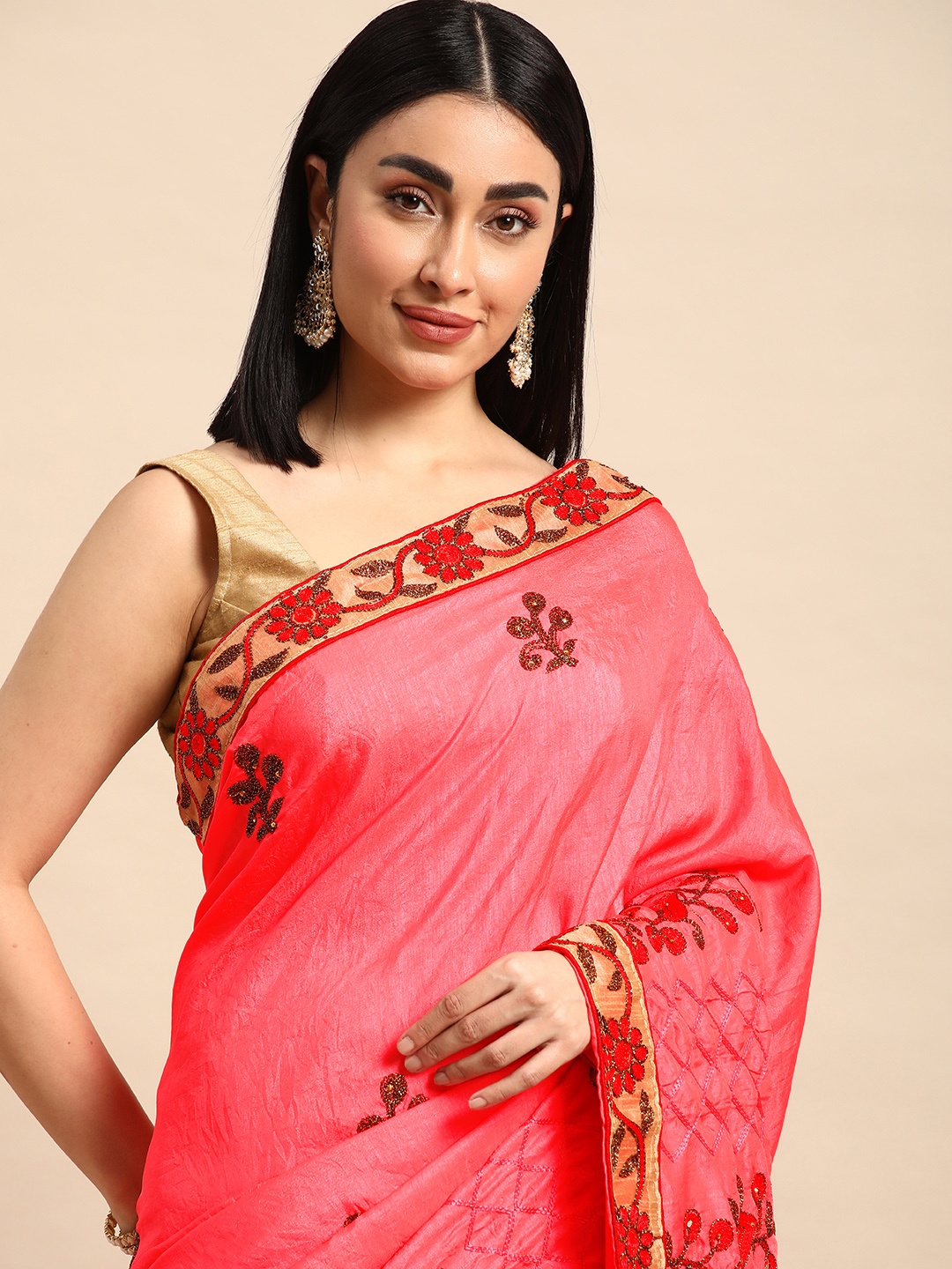 

HERE&NOW Floral Zari Art Silk Saree, Pink