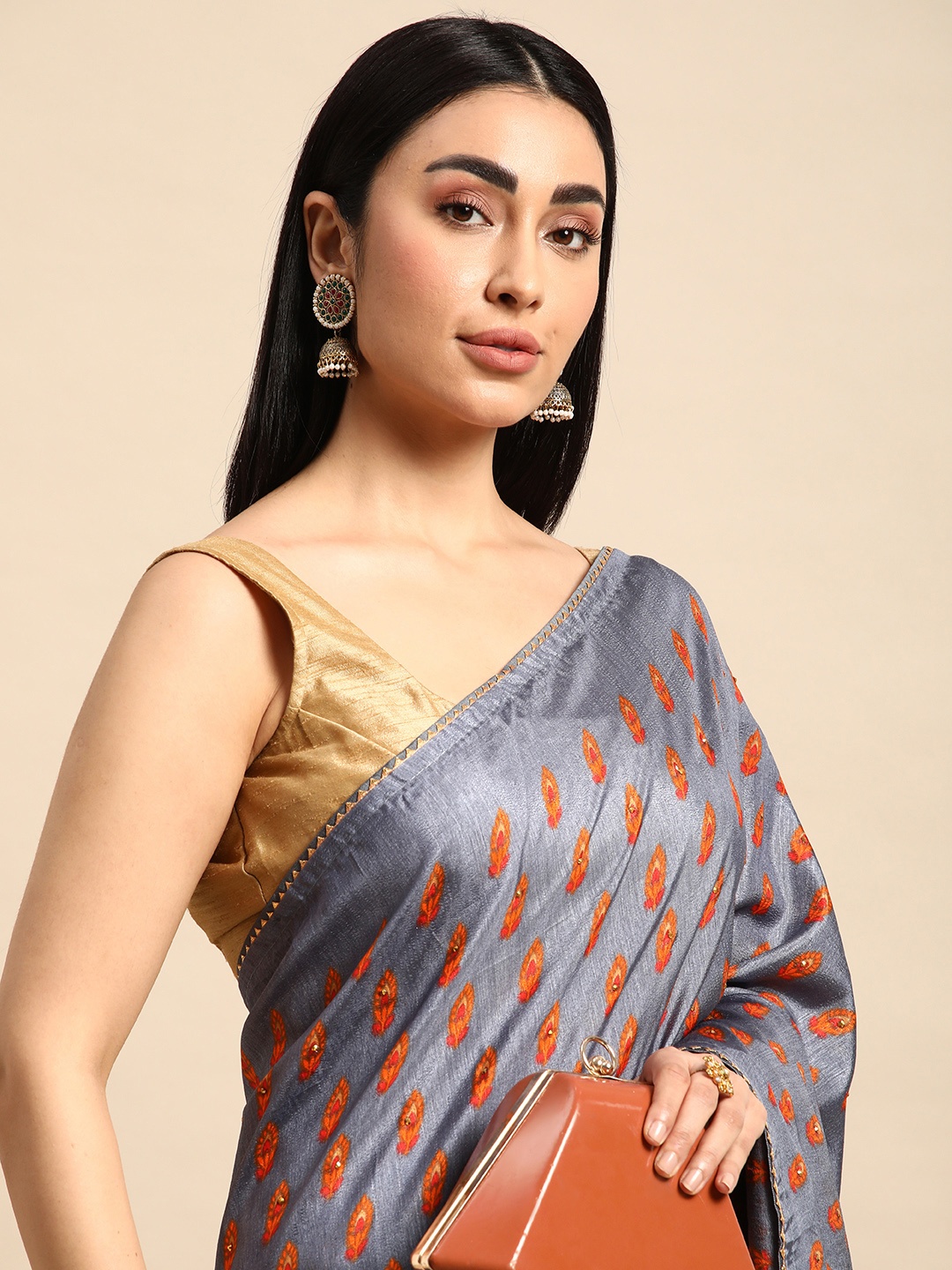 

HERE&NOW Ethnic Motifs Gotta Patti Art Silk Saree, Grey