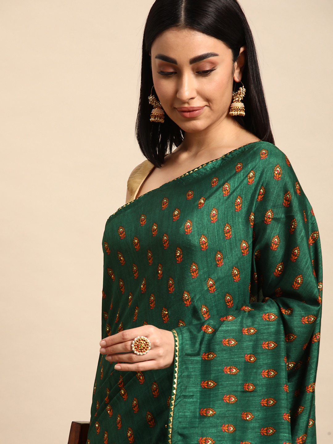 

HERE&NOW Ethnic Motifs Printed Saree, Green