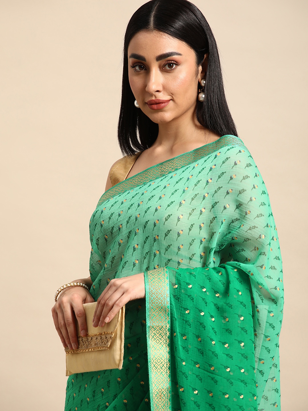 

HERE&NOW Floral Zari Pure Georgette Saree, Sea green