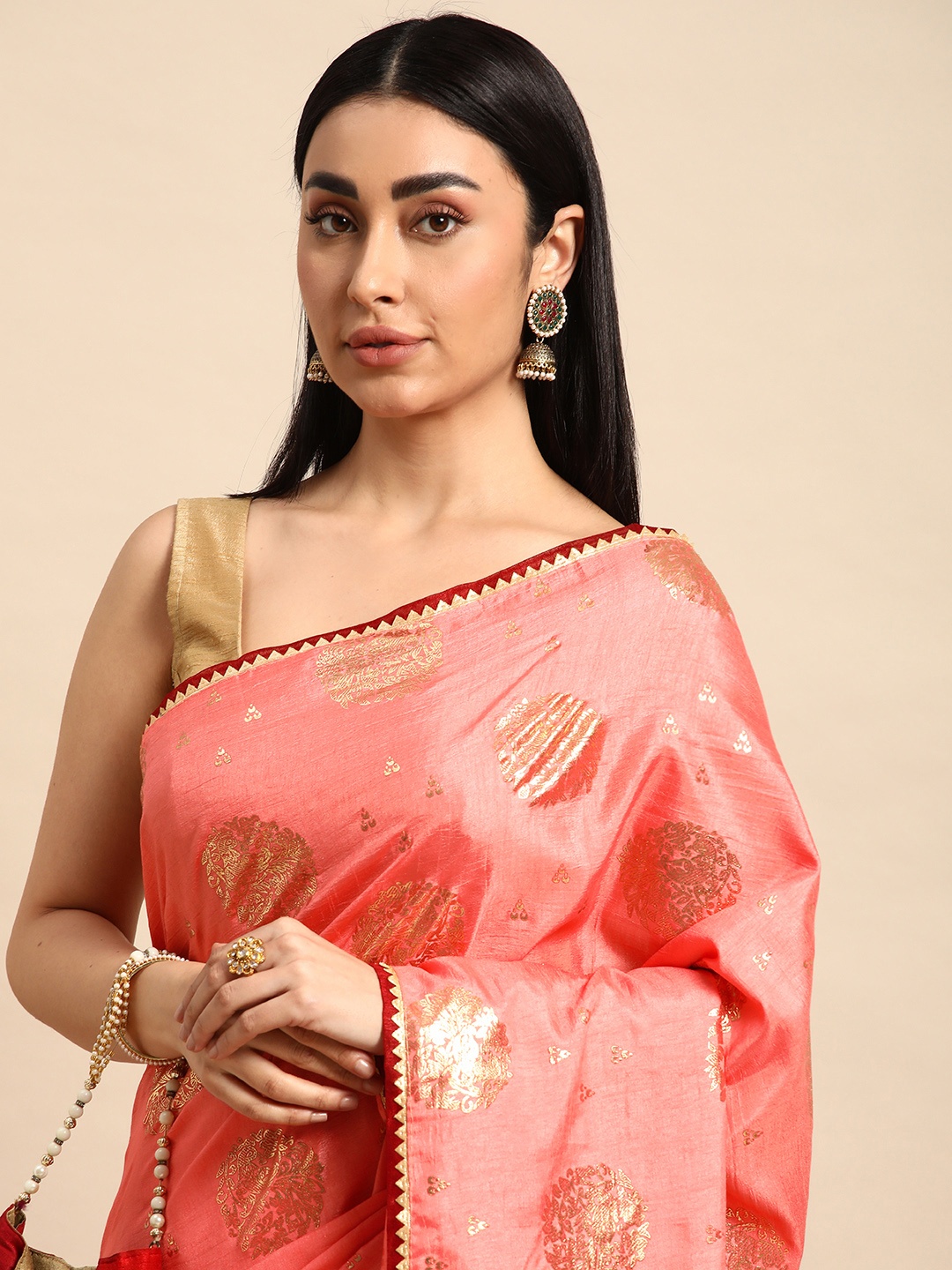 

HERE&NOW Ethnic Motifs Gotta Patti Art Silk Saree, Peach