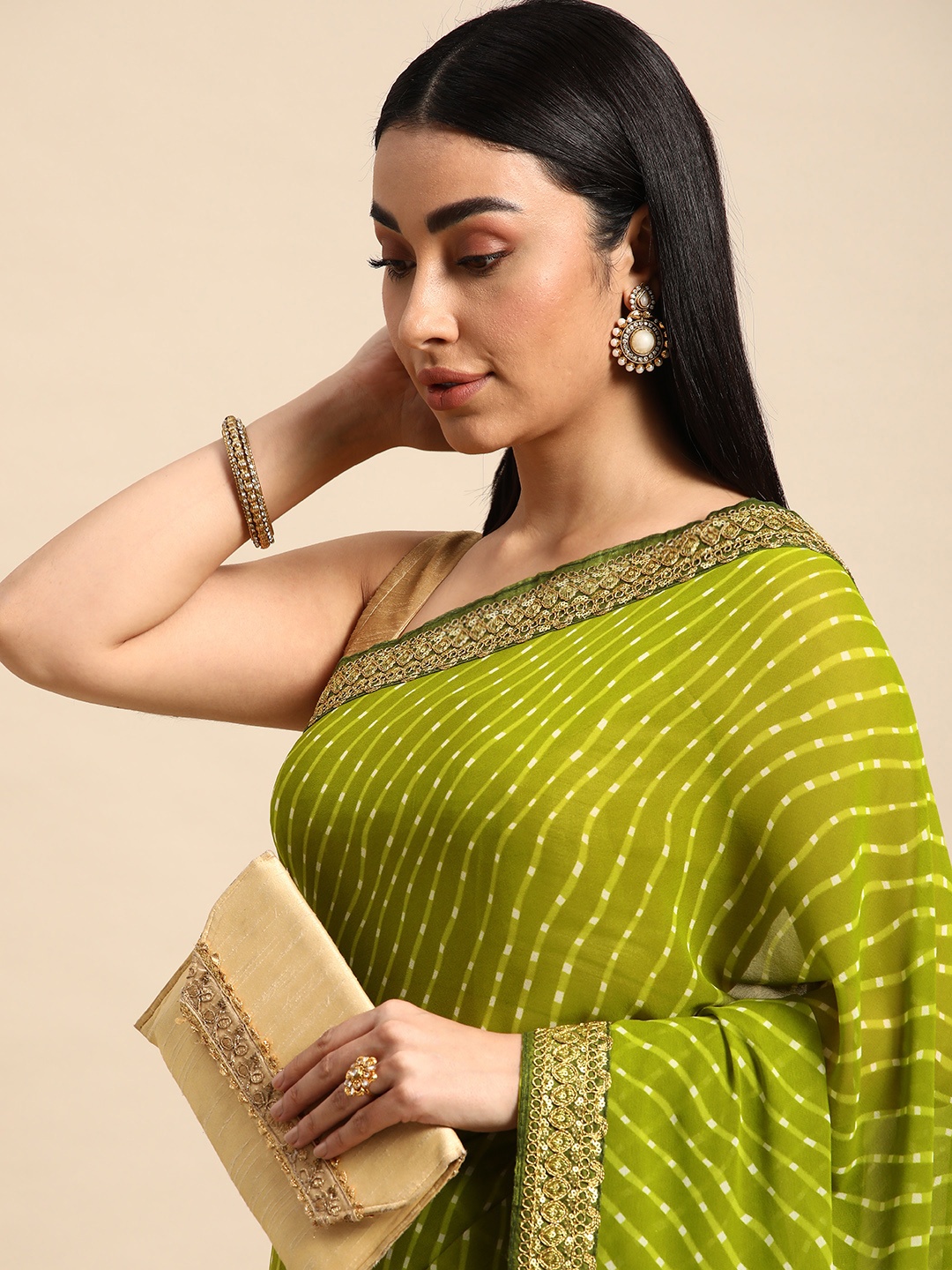 

HERE&NOW Striped Zari Pure Georgette Saree, Green